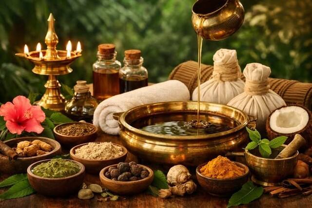 Ayurvedic wellness ritual set-up