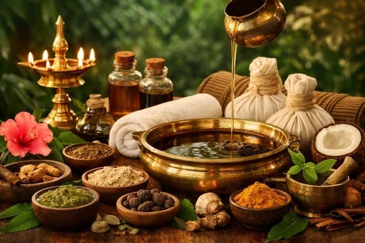 Ayurvedic herbs, oils and brass vessels laid out