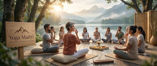 A community circle gathered at the lakeside