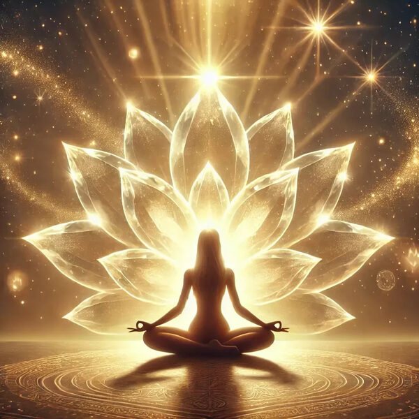 Meditation figure haloed in golden lotus light