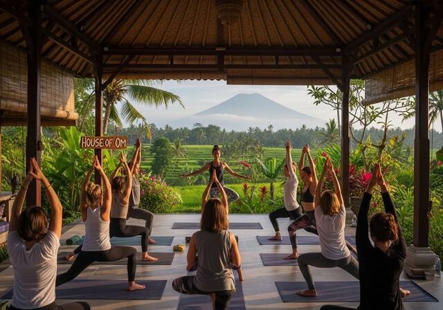 Open-air yoga practice deck overlooking hills