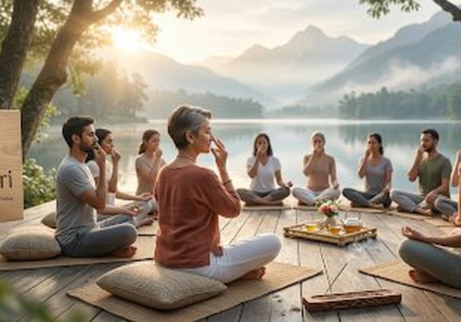 A guided practice circle gathered on the lawn