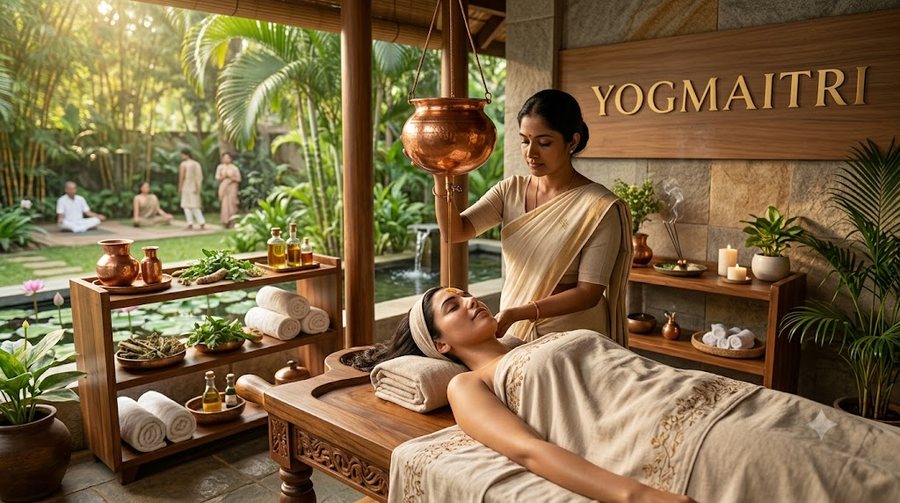 Traditional shirodhara oil therapy in the healing village