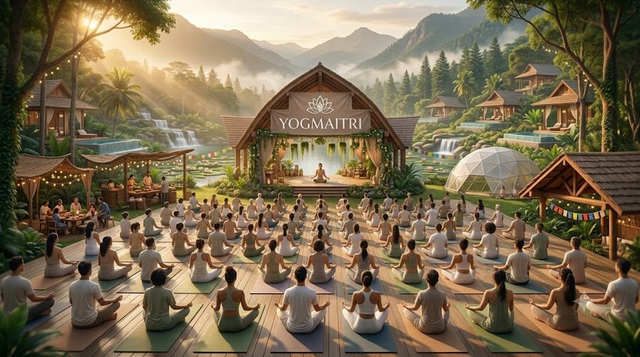 The sunrise yoga arena filling at first light